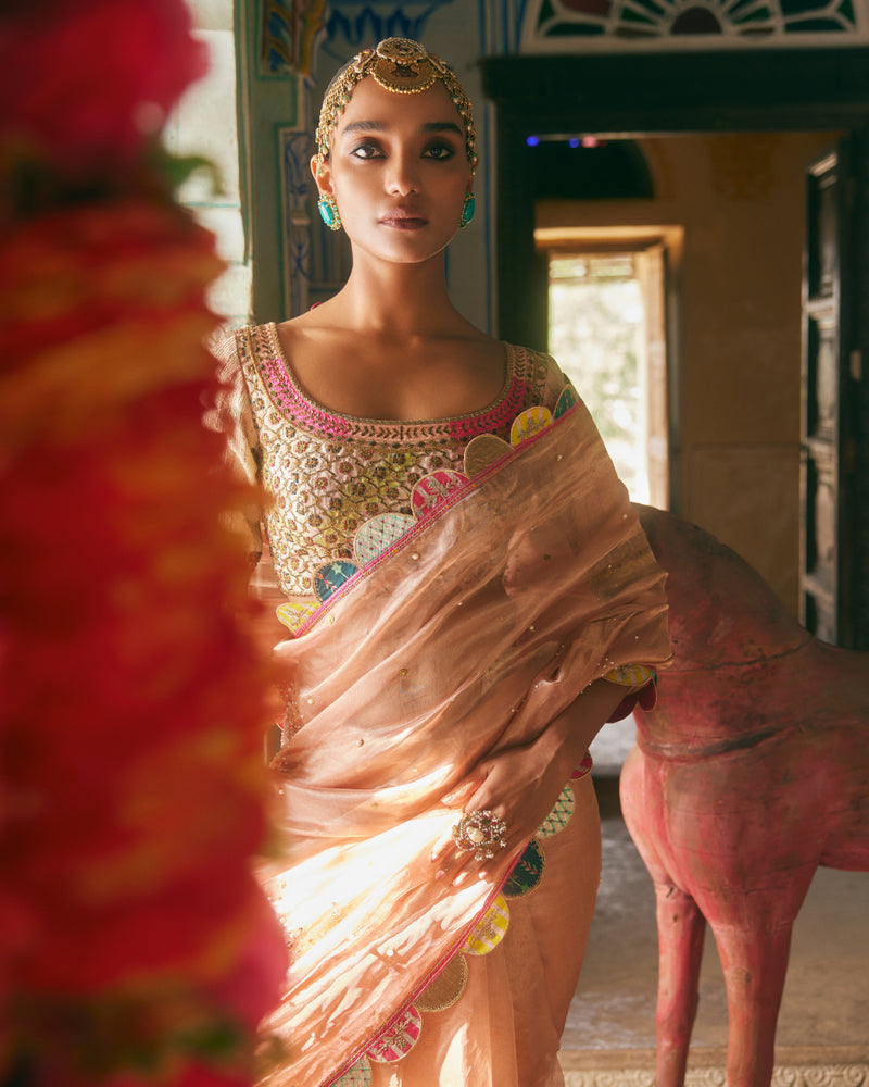 Khel Nude Pink Pearl Sprinkle Tissue Saree organza by Rajiramniq in pink color for women in Singapore