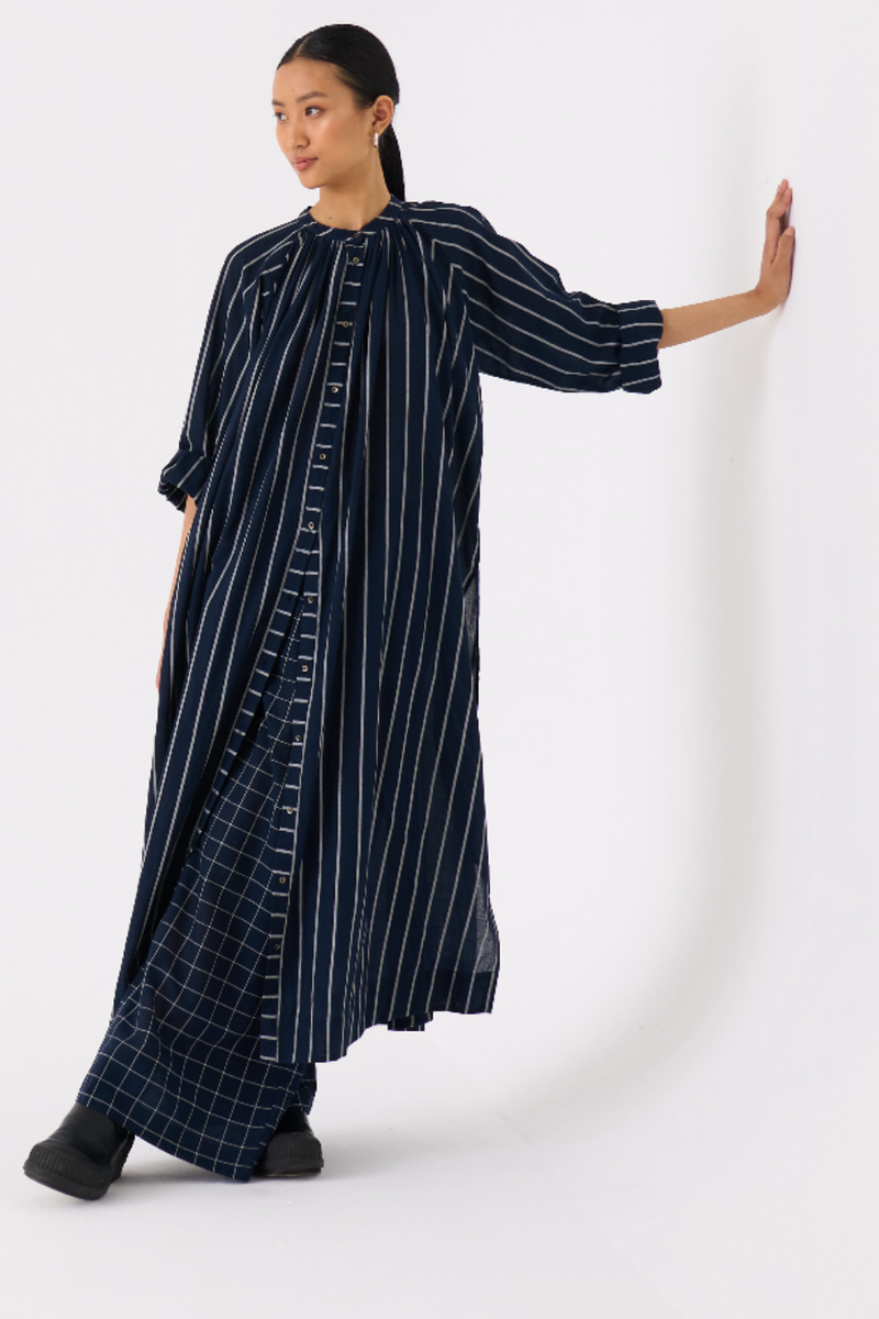 GATHER NECK SHIRT-BLACK STRIPE mul by THREE in black color for women in Singapore