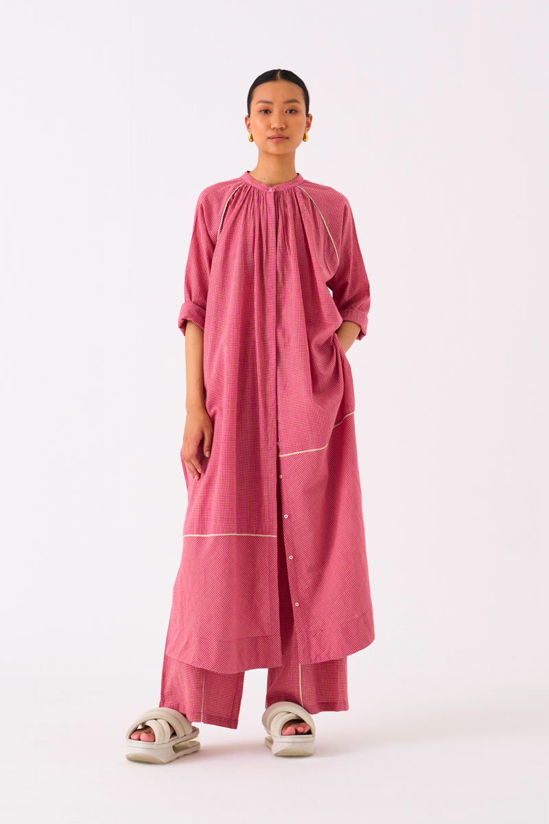 GATHER NECK SHIRT-PINK CHECK mul by THREE in pink color for women in Singapore