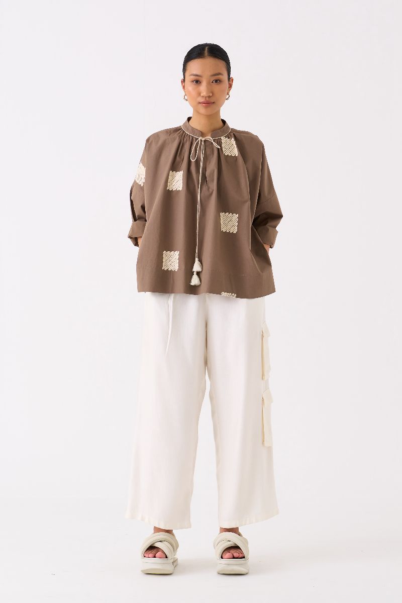 WAVE EMB. TOP-CEDAR poplin by THREE for women in Singapore