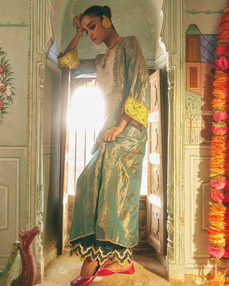 Khel Teal Tissue Yoke Kurta Set silk by Rajiramniq in multi color for women in Singapore