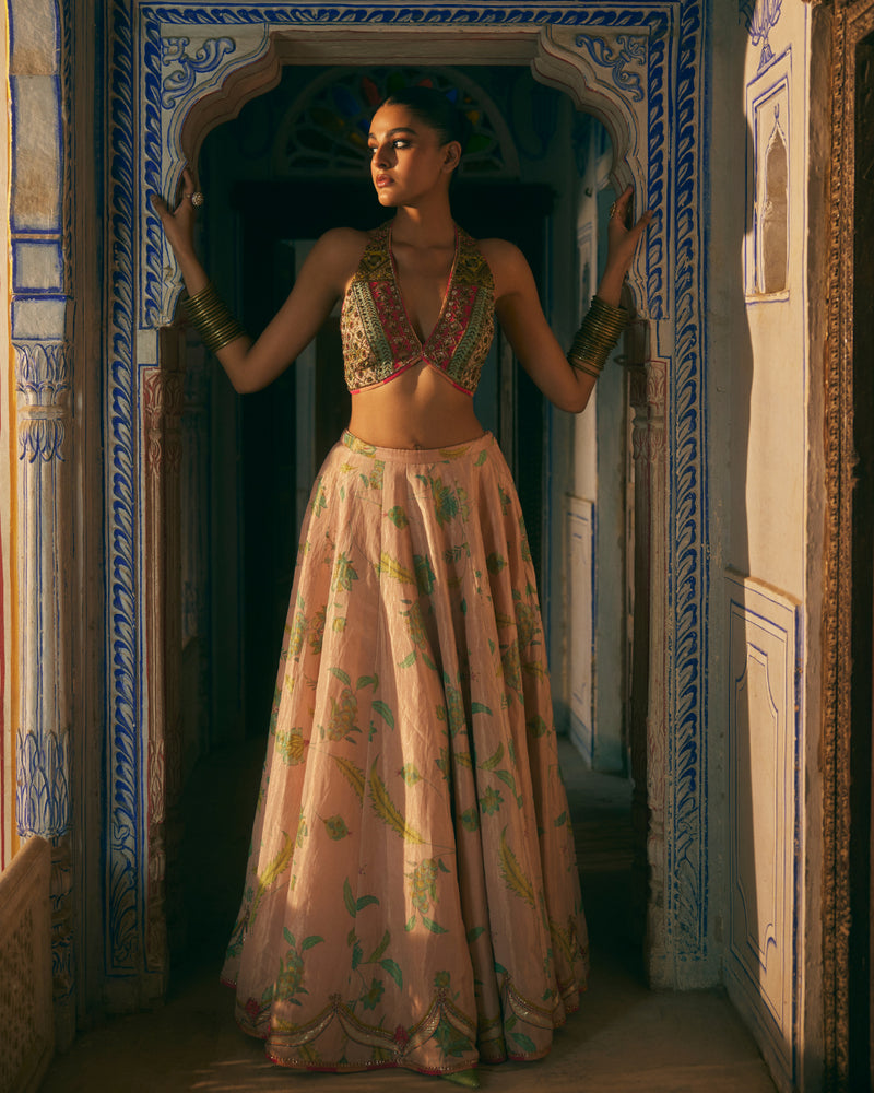 Khel Nude Pink Printed Lehenga silk by Rajiramniq in pink color for women in Singapore