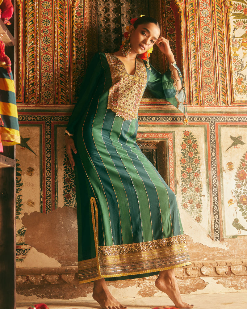Khel Teal Green Stripe Kaftan Dress by Rajiramniq in green color for women in Singapore