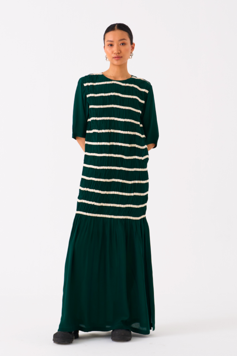 SHIRRING DRESS-GREEN by THREE in green color for women in Singapore