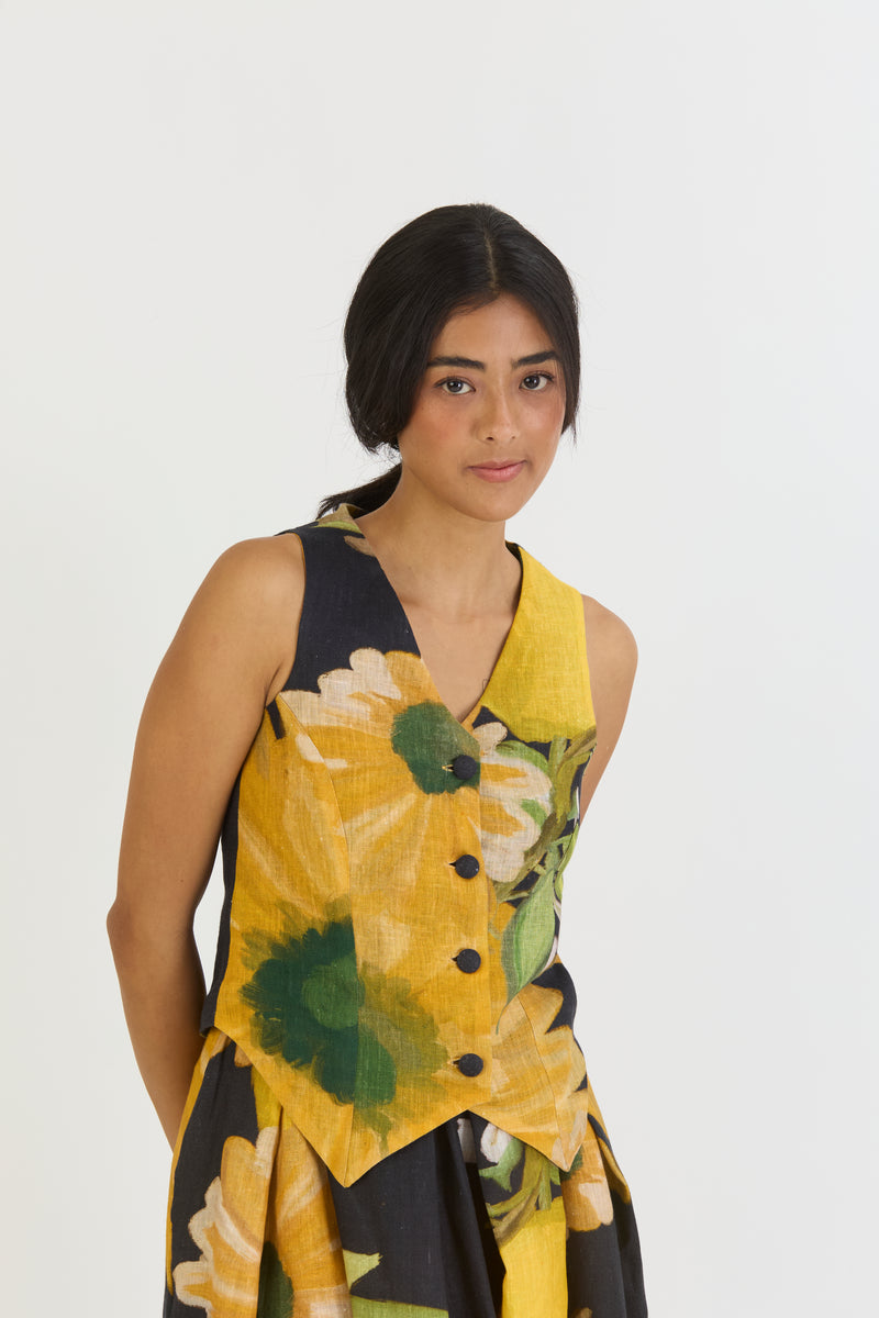 POMELLO WAISTCOAT AND BOX PLEAT SKIRT SET linen by Yam in yellow color for women in Singapore
