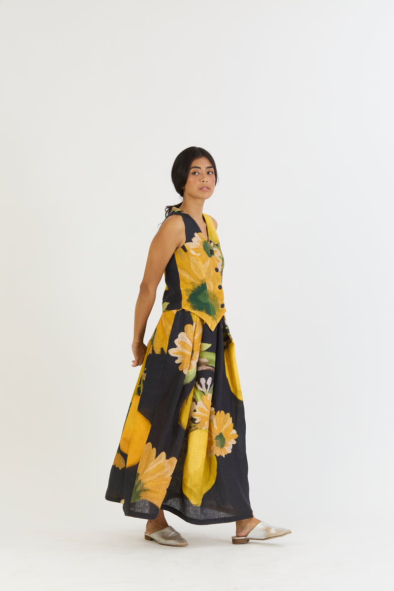 POMELLO WAISTCOAT AND BOX PLEAT SKIRT SET linen by Yam in yellow color for women in Singapore
