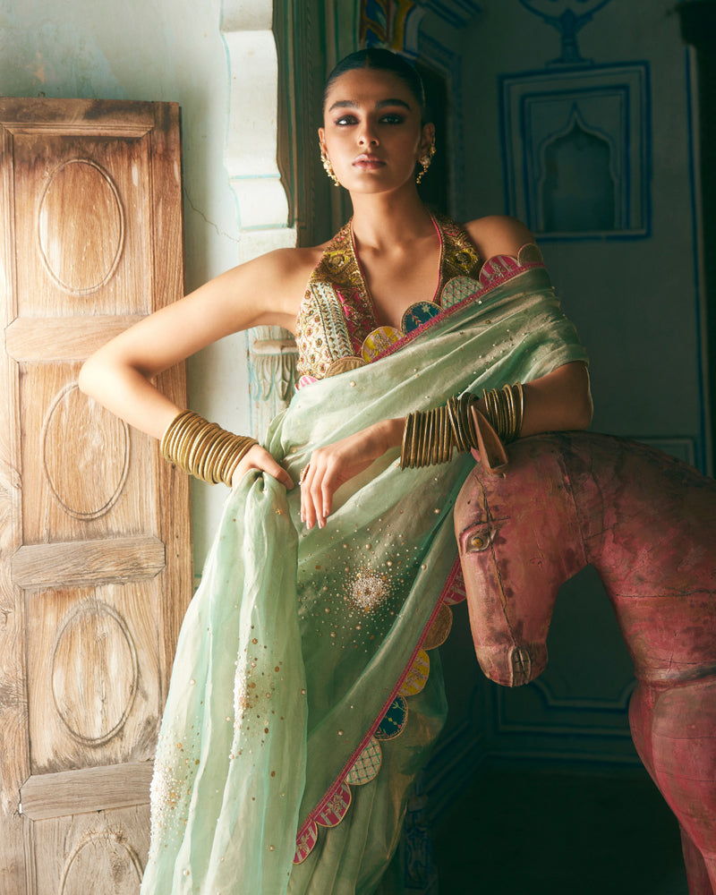 Khel Powder Blue Pearl Sprinkle Tissue Saree organza by Rajiramniq in blue color for women in Singapore