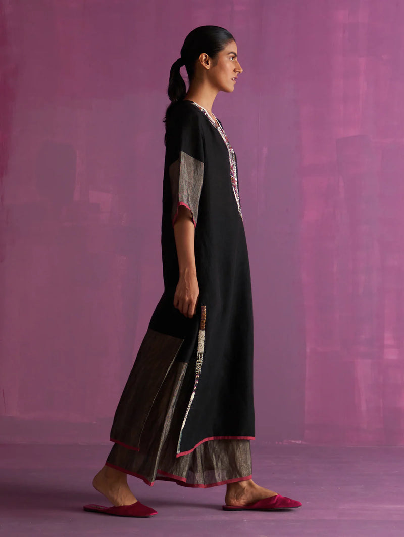 Mato Hand-Embroidered Kurta Set - Black linen by Manan in black color for women in Singapore