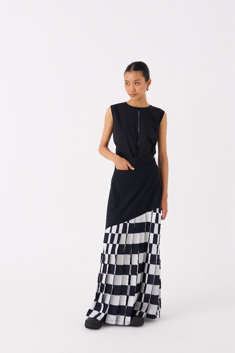 CHECKERED SKIRT-BLACK CHECK bemberg by THREE in black color for women in Singapore