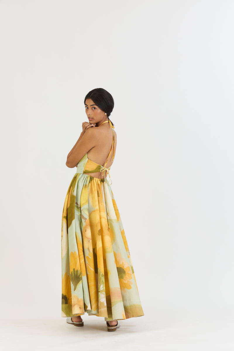 LEMONADE HALTER NECK DRESS satin by Yam in yellow color for women in Singapore