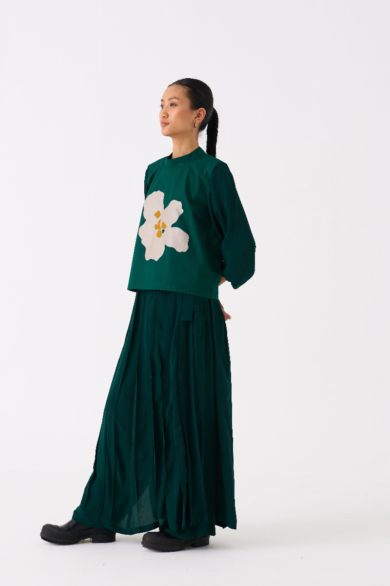 FLORAL APPLIQUE TOP-DARK GREEN poplin by THREE in green color for women in Singapore