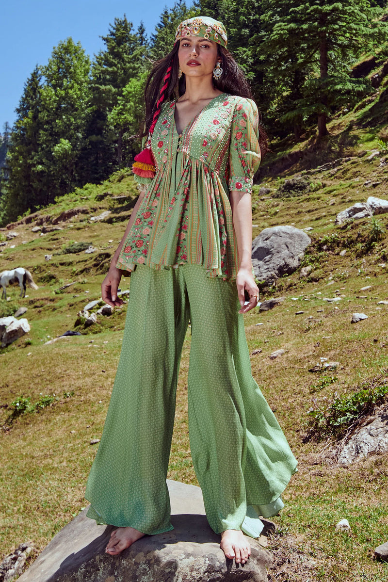 Eden Peplum Set crepe by Paulmi & Harsh-kahan Sep'26 in green for women in Singapore