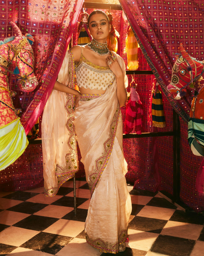 Khel Ivory Tissue Saree silk by Rajiramniq in ivory color for women in Singapore