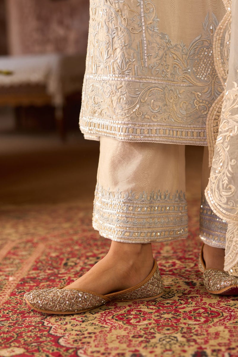 ENA - DAISY IVORY WITH BLUE LONG A-LINE KURTA WITH PALAZZO AND DUPATTA silk organza kurta/kurta set by SHEETAL BATRA in daisy ivory with blue for women in Singapore