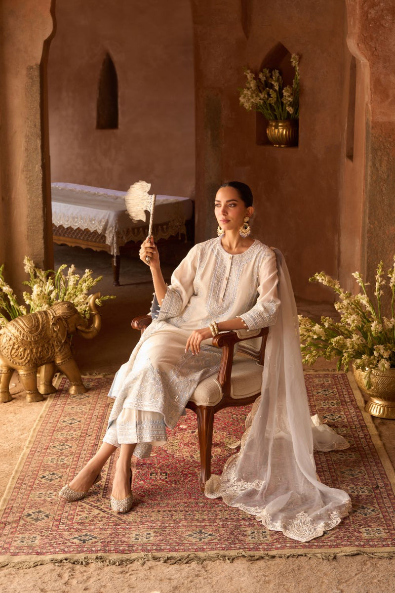 ENA - DAISY IVORY WITH BLUE LONG A-LINE KURTA WITH PALAZZO AND DUPATTA silk organza kurta/kurta set by SHEETAL BATRA in daisy ivory with blue for women in Singapore