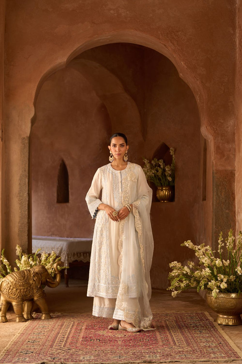 ENA - DAISY IVORY WITH BLUE LONG A-LINE KURTA WITH PALAZZO AND DUPATTA silk organza kurta/kurta set by SHEETAL BATRA in daisy ivory with blue for women in Singapore