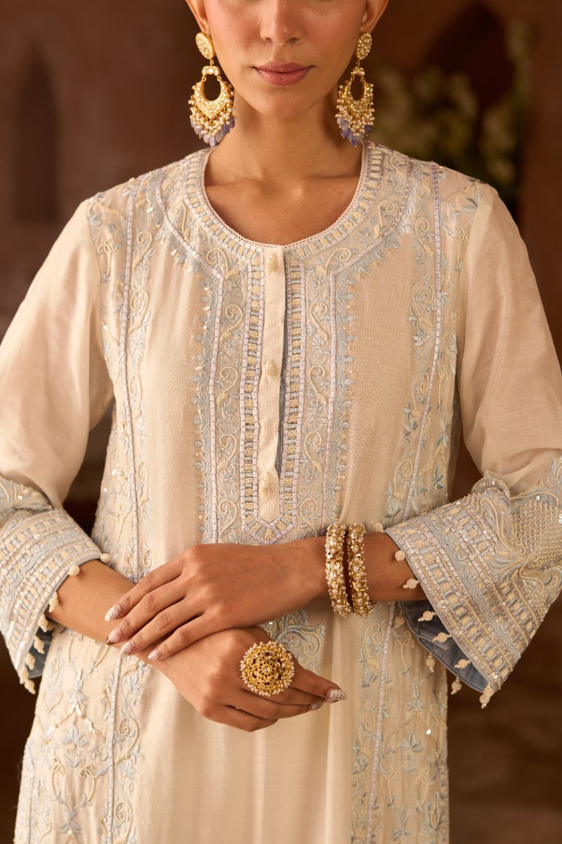 ENA - DAISY IVORY WITH BLUE LONG A-LINE KURTA WITH PALAZZO AND DUPATTA silk organza kurta/kurta set by SHEETAL BATRA in daisy ivory with blue for women in Singapore