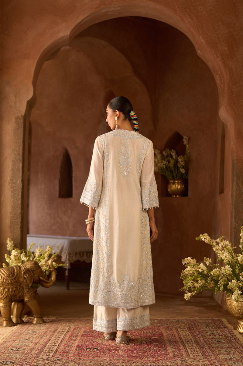 ENA - DAISY IVORY WITH BLUE LONG A-LINE KURTA WITH PALAZZO AND DUPATTA silk organza kurta/kurta set by SHEETAL BATRA in daisy ivory with blue for women in Singapore