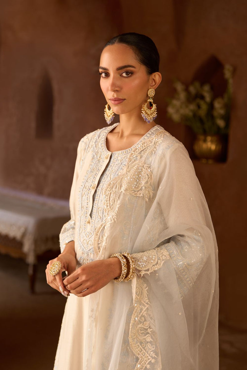 ENA - DAISY IVORY WITH BLUE LONG A-LINE KURTA WITH PALAZZO AND DUPATTA silk organza kurta/kurta set by SHEETAL BATRA in daisy ivory with blue for women in Singapore