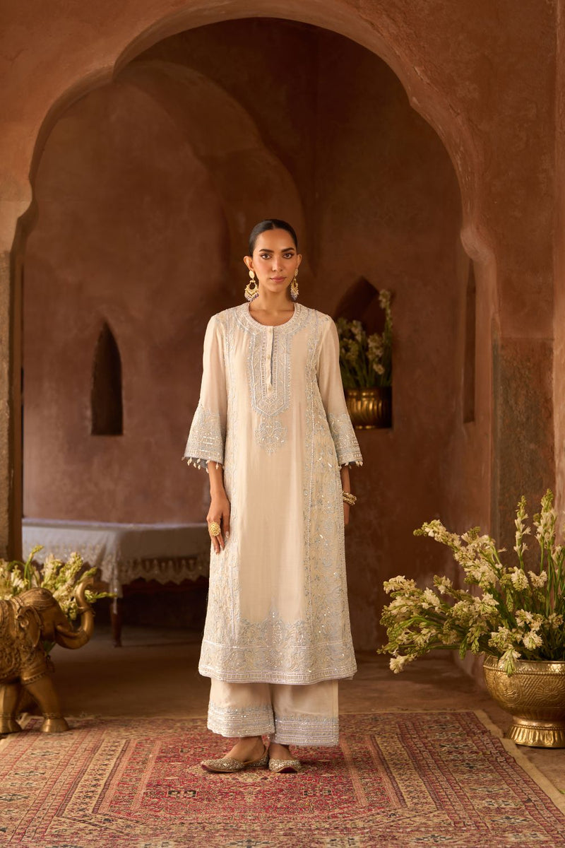 ENA - DAISY IVORY WITH BLUE LONG A-LINE KURTA WITH PALAZZO AND DUPATTA silk organza kurta/kurta set by SHEETAL BATRA in daisy ivory with blue for women in Singapore