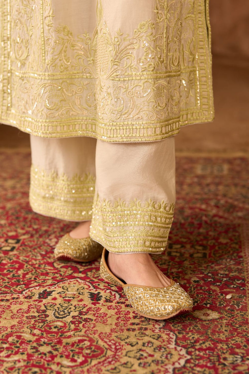 ENA - DAISY IVORY WITH MINT GREEN LONG A-LINE KURTA WITH PALAZZO AND DUPATTA silk organza kurta/kurta set by SHEETAL BATRA in daisy ivory with mint green for women in Singapore
