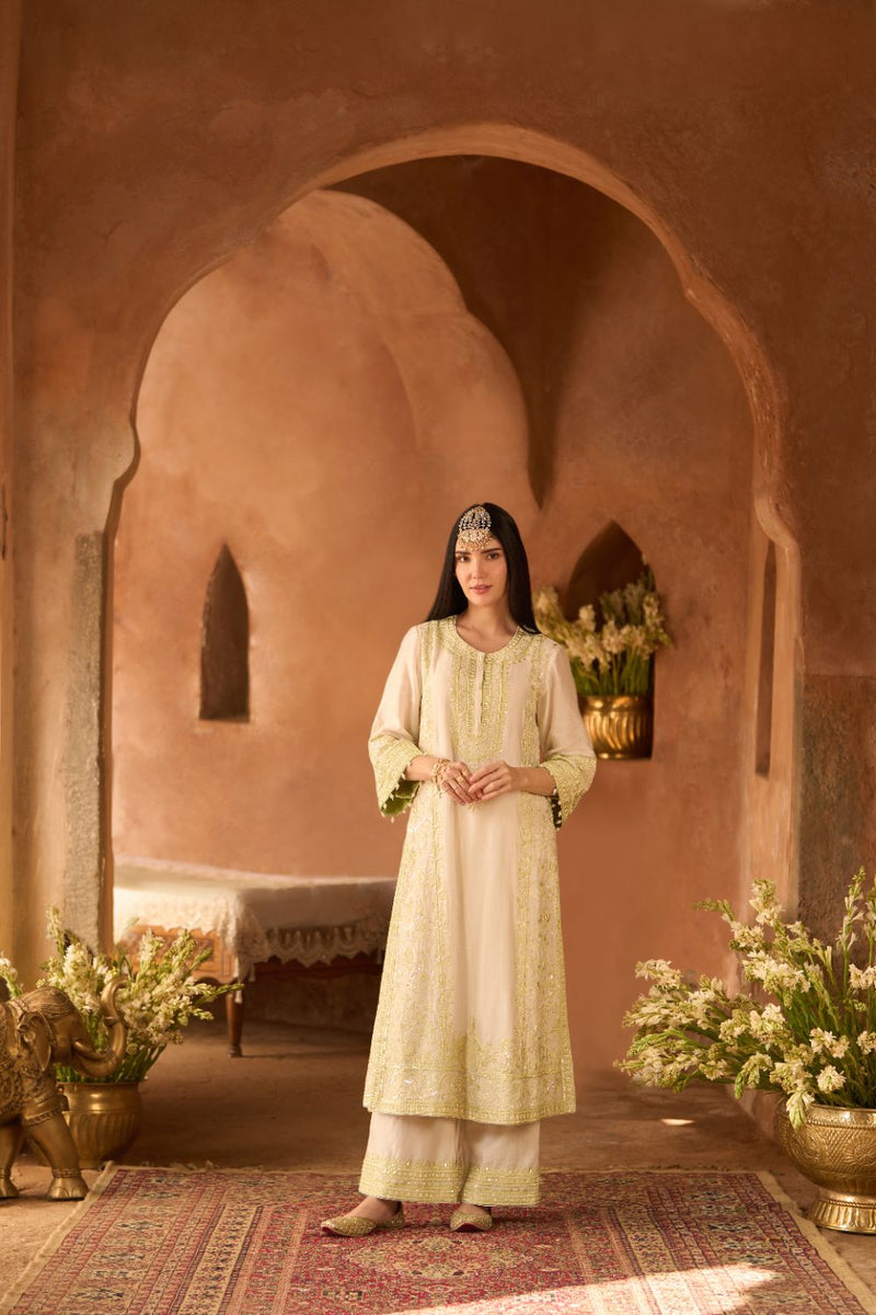 ENA - DAISY IVORY WITH MINT GREEN LONG A-LINE KURTA WITH PALAZZO AND DUPATTA silk organza kurta/kurta set by SHEETAL BATRA in daisy ivory with mint green for women in Singapore