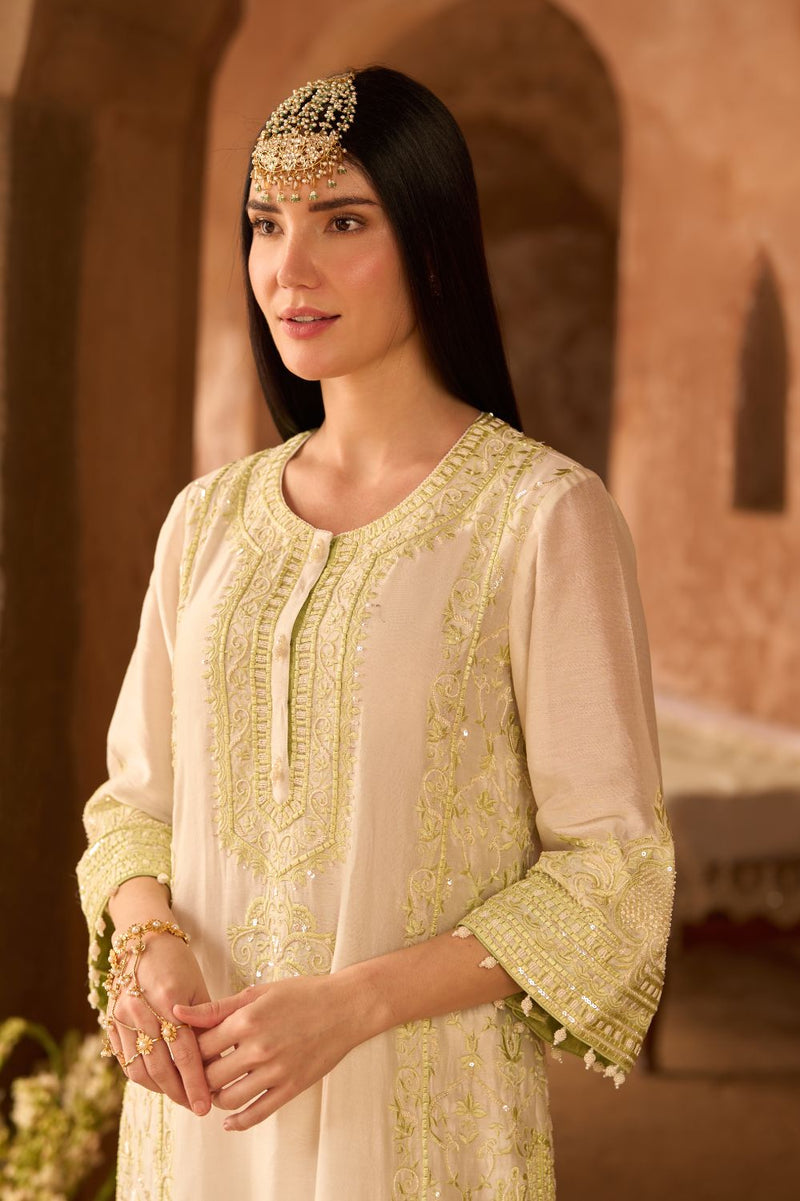 ENA - DAISY IVORY WITH MINT GREEN LONG A-LINE KURTA WITH PALAZZO AND DUPATTA silk organza kurta/kurta set by SHEETAL BATRA in daisy ivory with mint green for women in Singapore