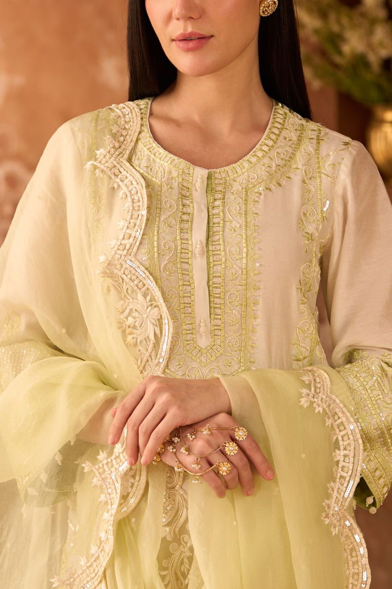 ENA - DAISY IVORY WITH MINT GREEN LONG A-LINE KURTA WITH PALAZZO AND DUPATTA silk organza kurta/kurta set by SHEETAL BATRA in daisy ivory with mint green for women in Singapore