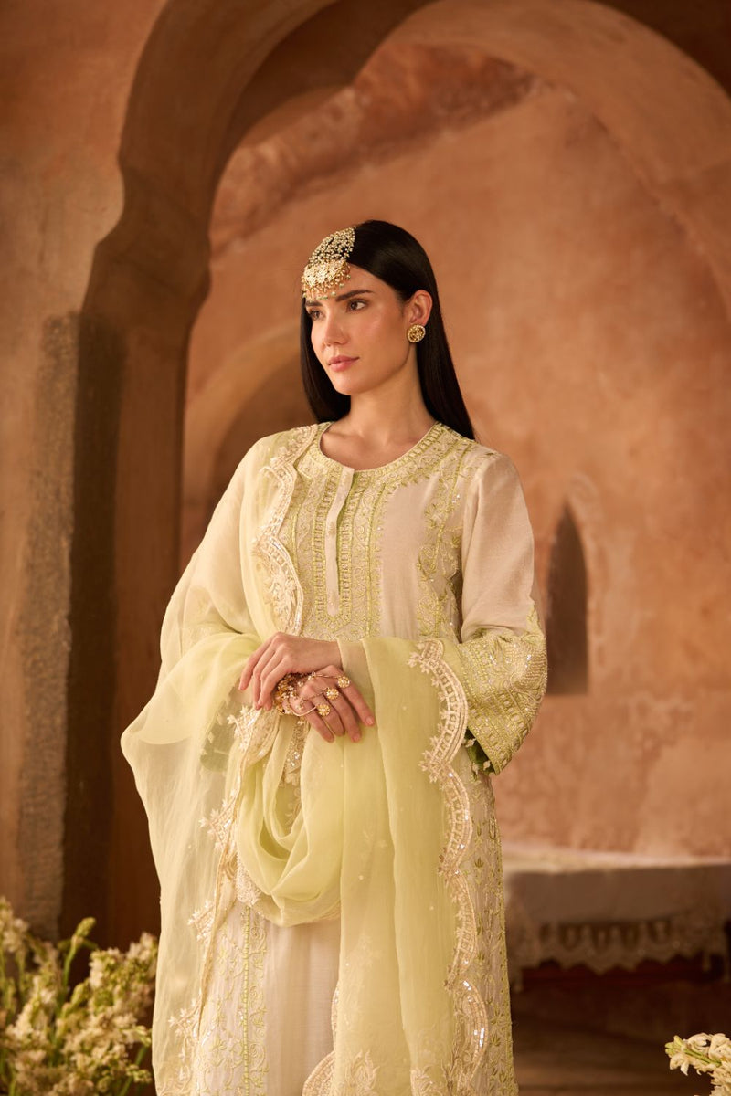 ENA - DAISY IVORY WITH MINT GREEN LONG A-LINE KURTA WITH PALAZZO AND DUPATTA silk organza kurta/kurta set by SHEETAL BATRA in daisy ivory with mint green for women in Singapore