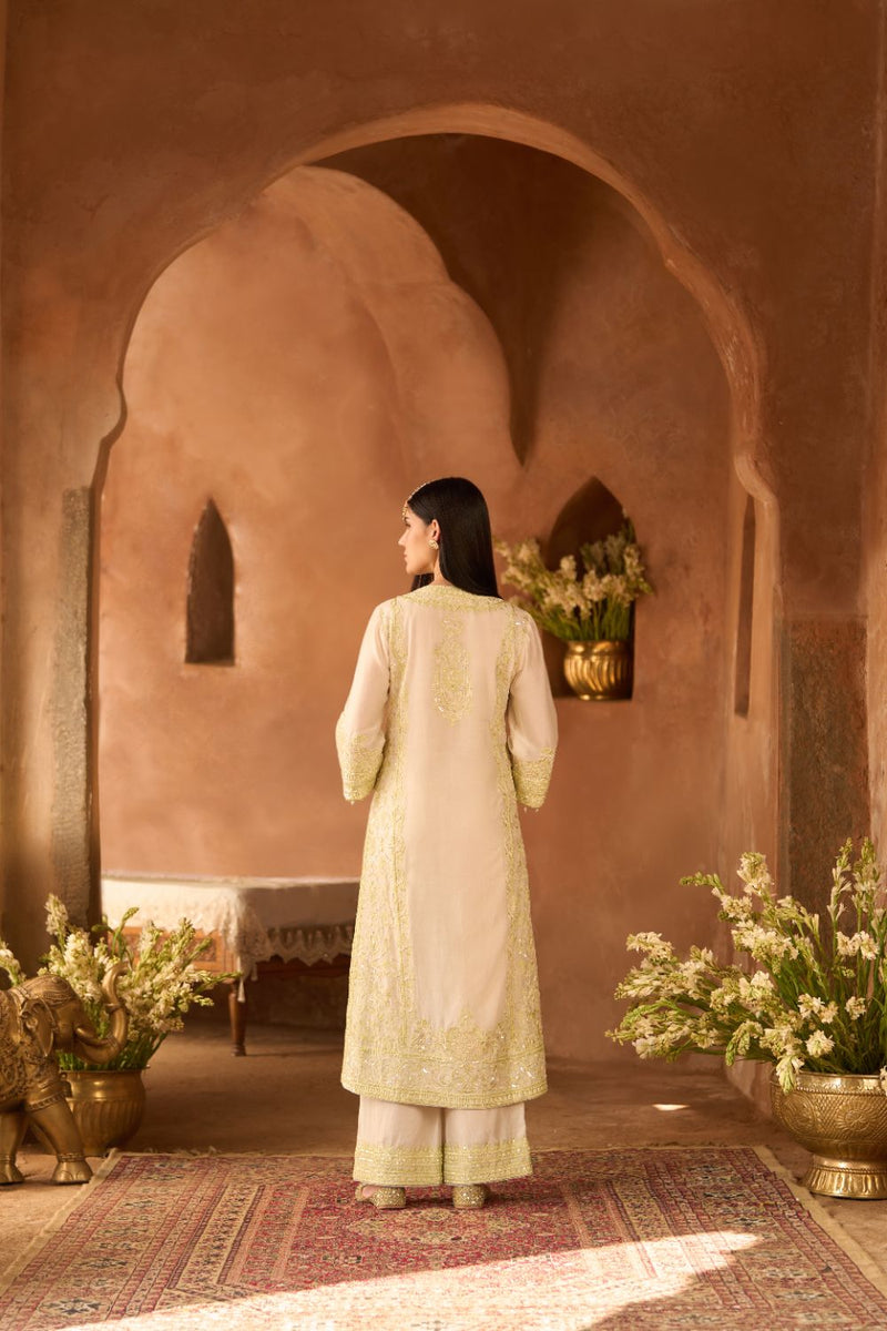 ENA - DAISY IVORY WITH MINT GREEN LONG A-LINE KURTA WITH PALAZZO AND DUPATTA silk organza kurta/kurta set by SHEETAL BATRA in daisy ivory with mint green for women in Singapore