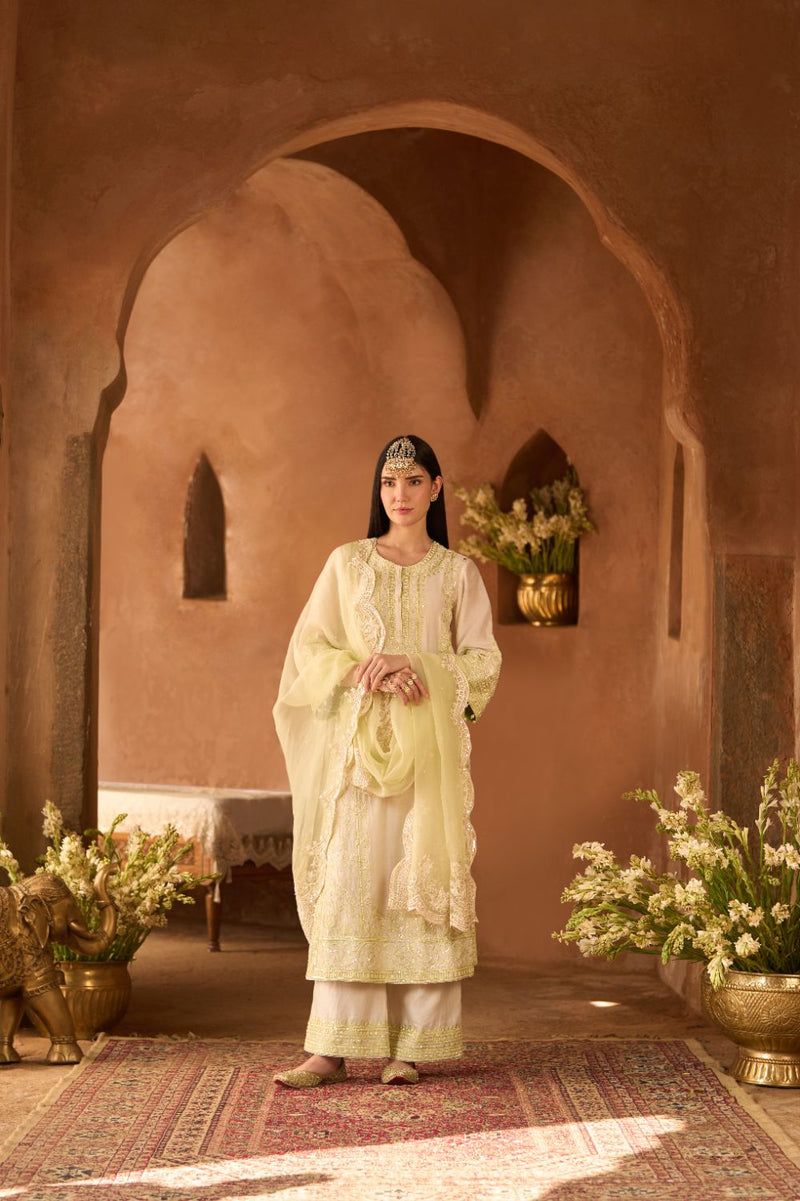 ENA - DAISY IVORY WITH MINT GREEN LONG A-LINE KURTA WITH PALAZZO AND DUPATTA silk organza kurta/kurta set by SHEETAL BATRA in daisy ivory with mint green for women in Singapore