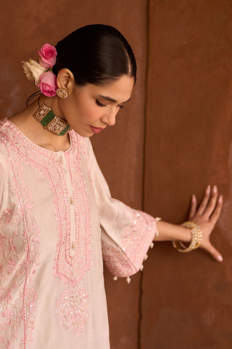 ENA - DAISY IVORY WITH PINK LONG A-LINE KURTA WITH PALAZZO AND DUPATTA silk organza kurta/kurta set by SHEETAL BATRA in daisy ivory with pink for women in Singapore