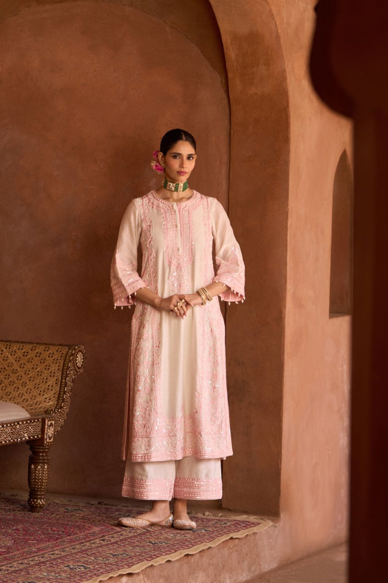 ENA - DAISY IVORY WITH PINK LONG A-LINE KURTA WITH PALAZZO AND DUPATTA silk organza kurta/kurta set by SHEETAL BATRA in daisy ivory with pink for women in Singapore