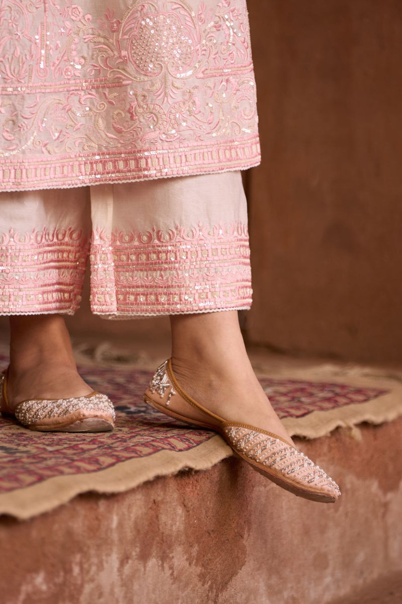 ENA - DAISY IVORY WITH PINK LONG A-LINE KURTA WITH PALAZZO AND DUPATTA silk organza kurta/kurta set by SHEETAL BATRA in daisy ivory with pink for women in Singapore