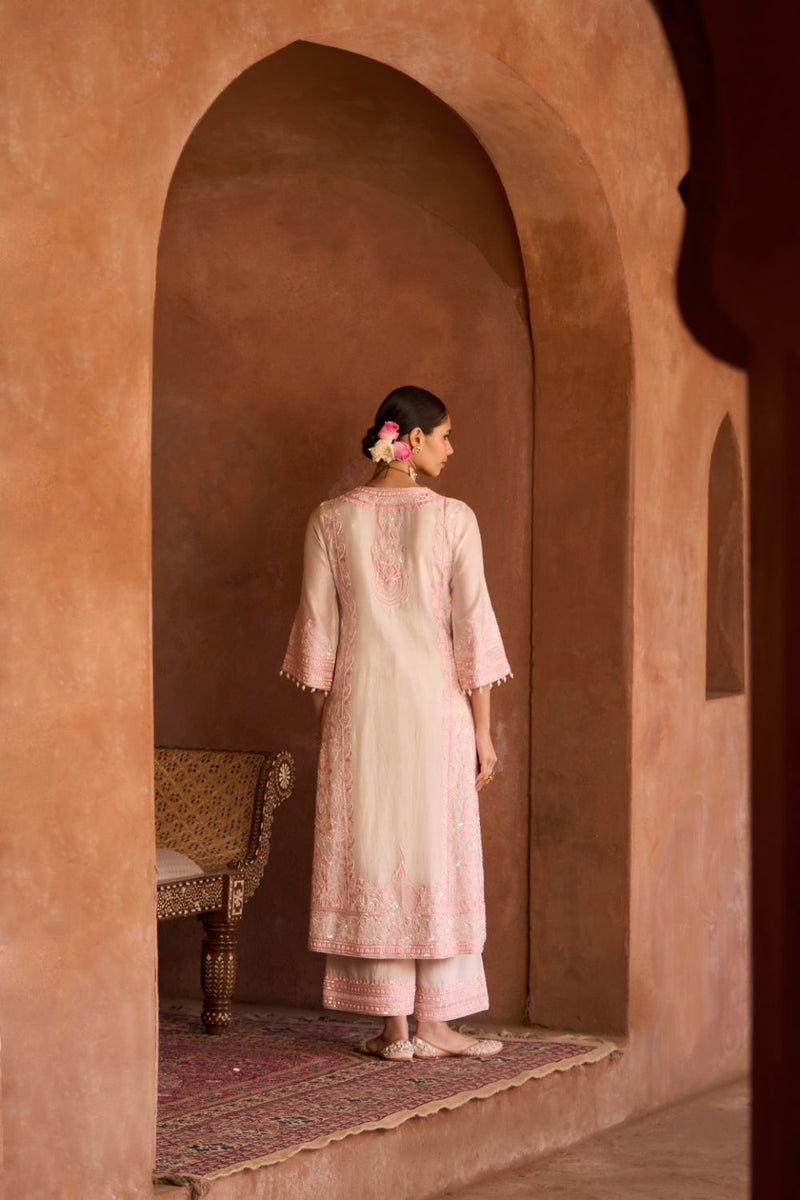 ENA - DAISY IVORY WITH PINK LONG A-LINE KURTA WITH PALAZZO AND DUPATTA silk organza kurta/kurta set by SHEETAL BATRA in daisy ivory with pink for women in Singapore
