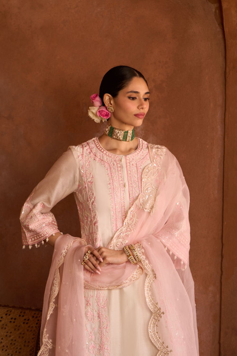 ENA - DAISY IVORY WITH PINK LONG A-LINE KURTA WITH PALAZZO AND DUPATTA silk organza kurta/kurta set by SHEETAL BATRA in daisy ivory with pink for women in Singapore