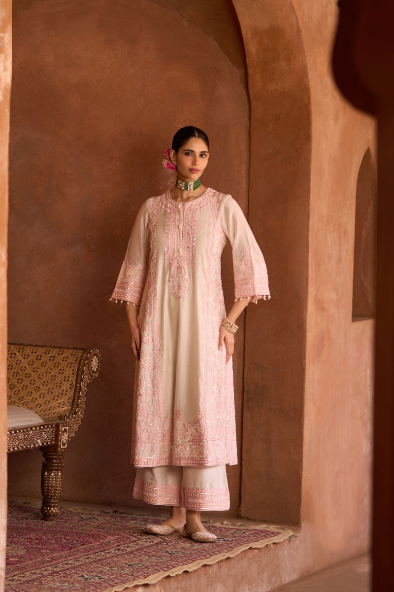ENA - DAISY IVORY WITH PINK LONG A-LINE KURTA WITH PALAZZO AND DUPATTA silk organza kurta/kurta set by SHEETAL BATRA in daisy ivory with pink for women in Singapore
