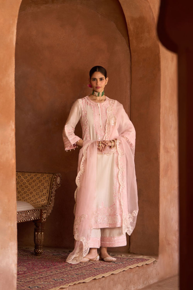 ENA - DAISY IVORY WITH PINK LONG A-LINE KURTA WITH PALAZZO AND DUPATTA silk organza kurta/kurta set by SHEETAL BATRA in daisy ivory with pink for women in Singapore