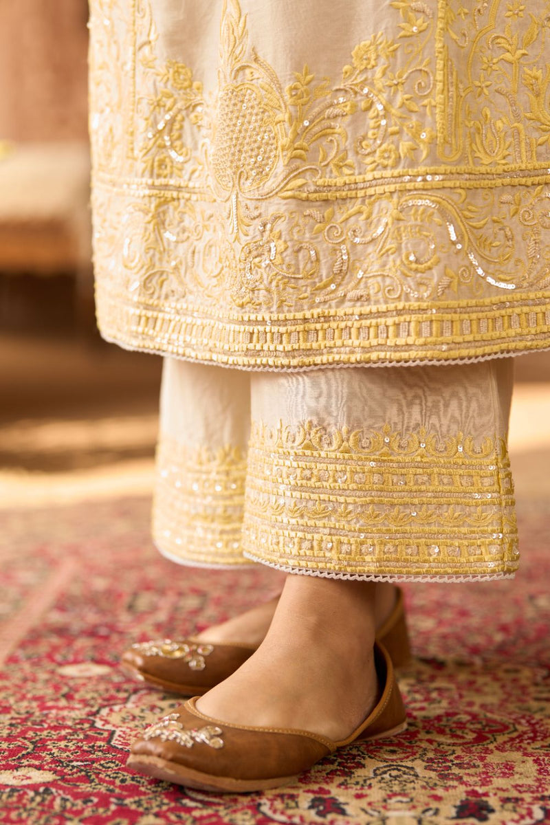 ENA - DAISY IVORY WITH LEMON YELLOW LONG A-LINE KURTA WITH PALAZZO AND DUPATTA silk organza kurta/kurta set by SHEETAL BATRA in daisy ivory with lemon yellow for women in Singapore