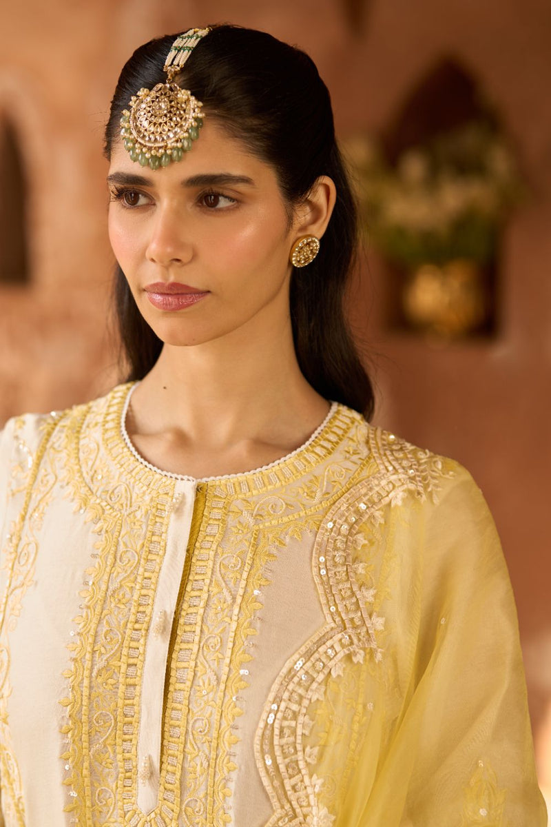 ENA - DAISY IVORY WITH LEMON YELLOW LONG A-LINE KURTA WITH PALAZZO AND DUPATTA silk organza kurta/kurta set by SHEETAL BATRA in daisy ivory with lemon yellow for women in Singapore