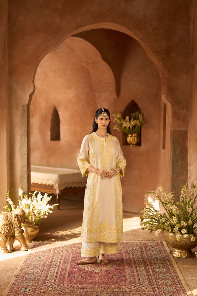 ENA - DAISY IVORY WITH LEMON YELLOW LONG A-LINE KURTA WITH PALAZZO AND DUPATTA silk organza kurta/kurta set by SHEETAL BATRA in daisy ivory with lemon yellow for women in Singapore