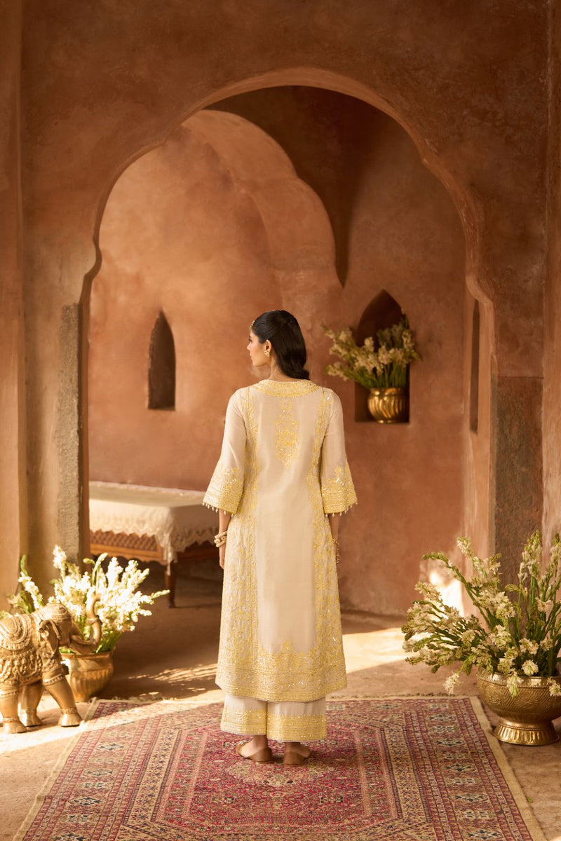 ENA - DAISY IVORY WITH LEMON YELLOW LONG A-LINE KURTA WITH PALAZZO AND DUPATTA silk organza kurta/kurta set by SHEETAL BATRA in daisy ivory with lemon yellow for women in Singapore