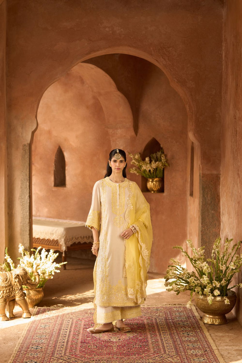 ENA - DAISY IVORY WITH LEMON YELLOW LONG A-LINE KURTA WITH PALAZZO AND DUPATTA silk organza kurta/kurta set by SHEETAL BATRA in daisy ivory with lemon yellow for women in Singapore
