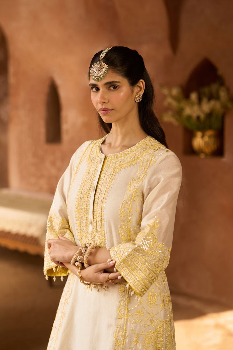 ENA - DAISY IVORY WITH LEMON YELLOW LONG A-LINE KURTA WITH PALAZZO AND DUPATTA silk organza kurta/kurta set by SHEETAL BATRA in daisy ivory with lemon yellow for women in Singapore