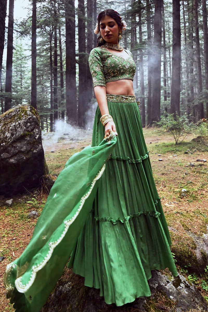 Enya Lehenga Set crepe by Paulmi & Harsh-kahan Sep'26 in green for women in Singapore