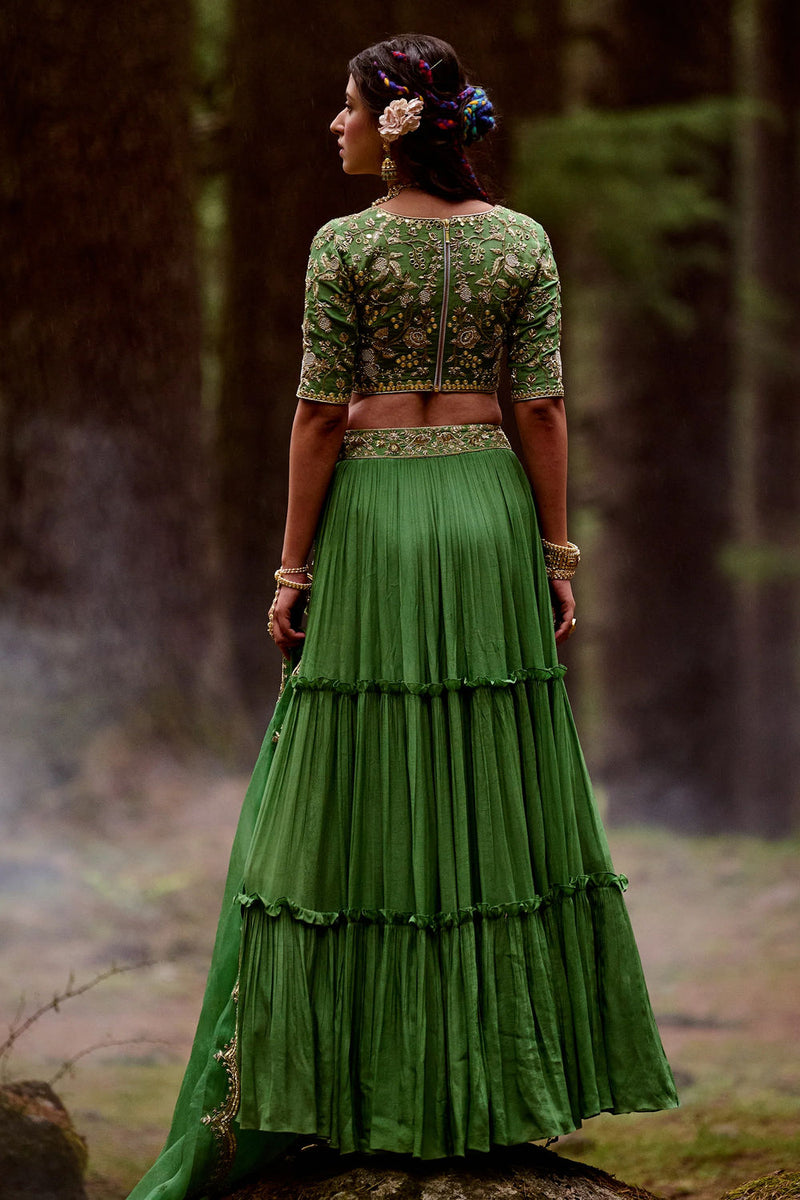 Enya Lehenga Set crepe by Paulmi & Harsh-kahan Sep'26 in green for women in Singapore
