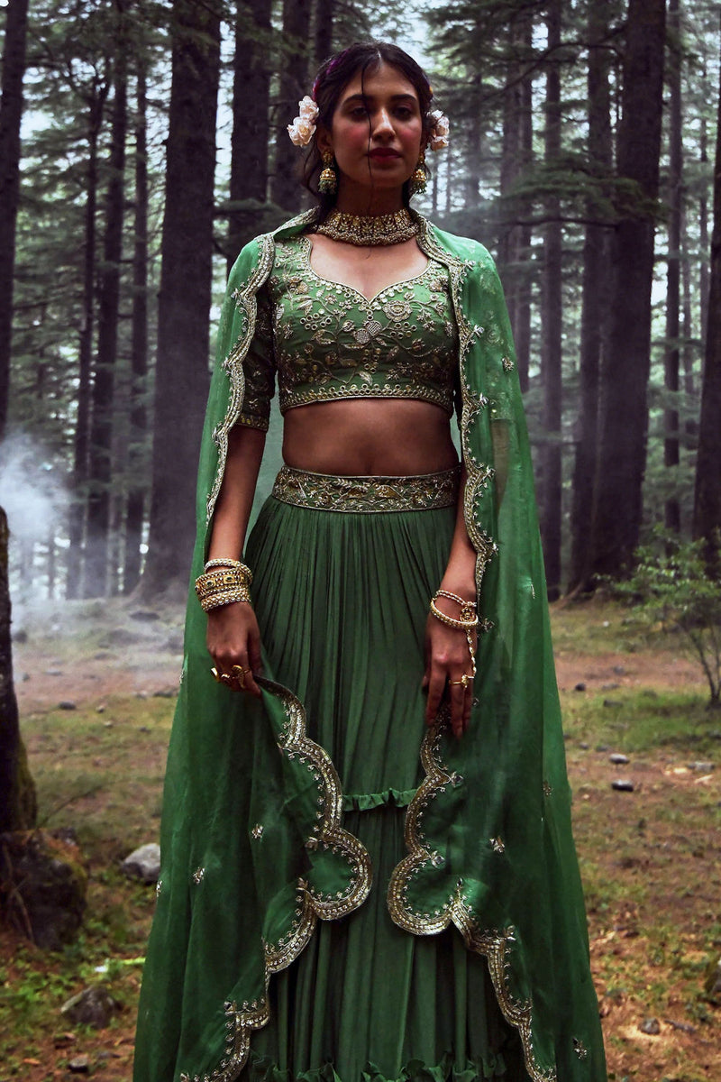 Enya Lehenga Set crepe by Paulmi & Harsh-kahan Sep'26 in green for women in Singapore