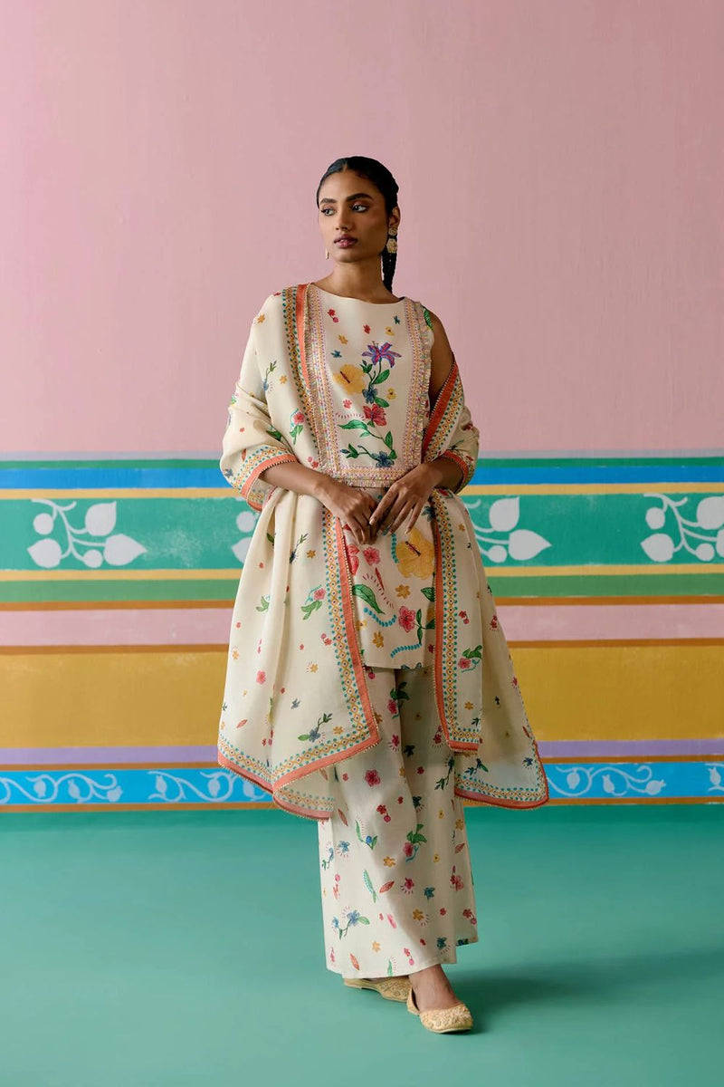 Ecru Floral Sleeveless Kurta Set chanderi Buy Ecru Floral Sleeveless Kurta Set from C&W | Light Kurta Sets for Women by Label Mogra in ecru color for women in Singapore