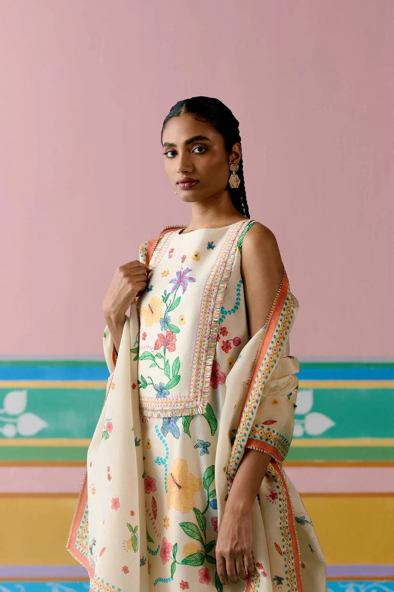 Ecru Floral Sleeveless Kurta Set chanderi Buy Ecru Floral Sleeveless Kurta Set from C&W | Light Kurta Sets for Women by Label Mogra in ecru color for women in Singapore