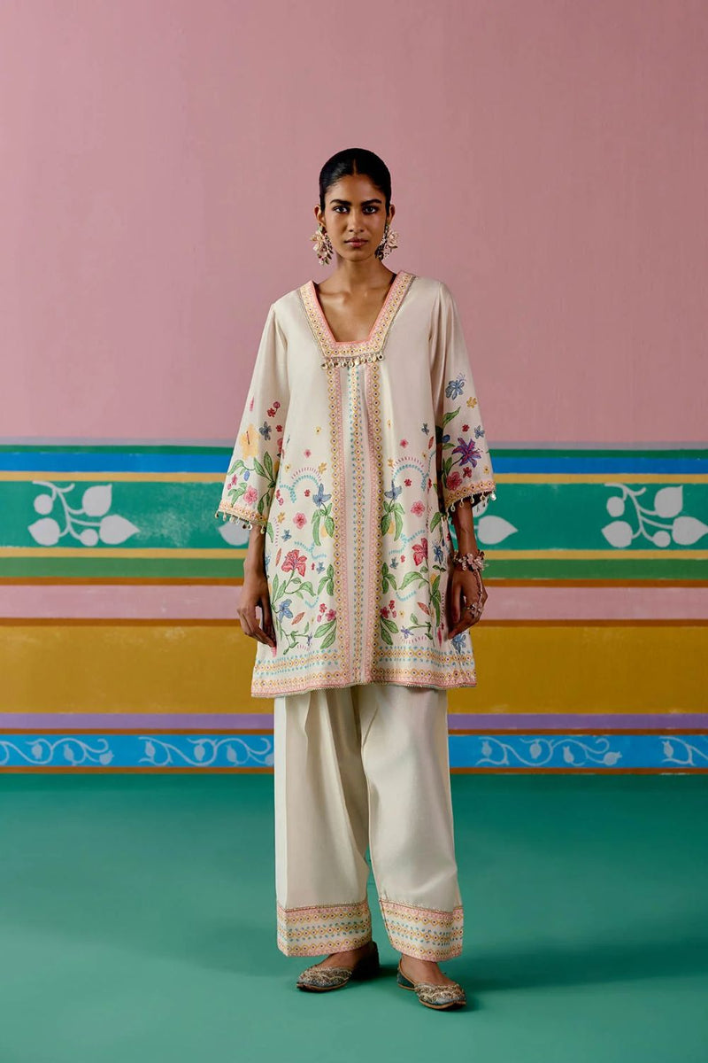 Ecru Floral Square Neck Kurta Set chanderi Buy Ecru Floral Square Neck Kurta Set from C&W | Light Kurta Sets for Women by Label Mogra in ecru color for women in Singapore